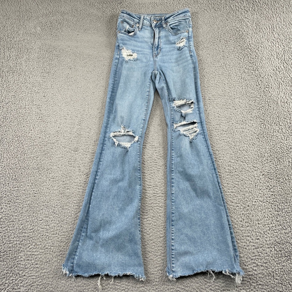 American Eagle Jeans Womens 2 Blue Super Hi-Rise Flare Distressed Next Level